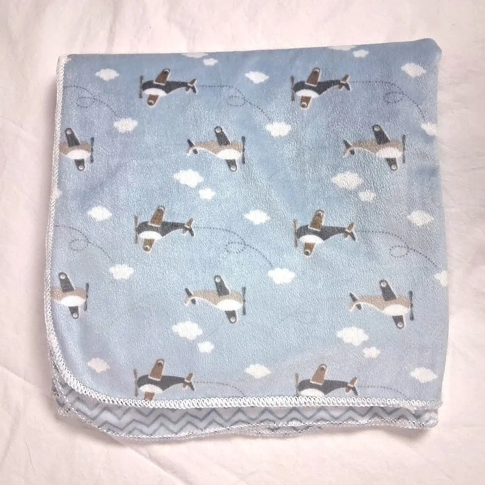 FLAW SL Home Fashions Blue Airplane Cloud Baby Blanket‎ 119741 White Polyester